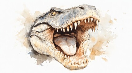 Obraz premium Watercolor painting of a ferocious prehistoric crocodile, its mouth wide open, revealing sharp teeth.