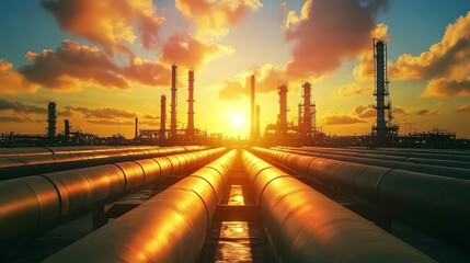 Panoramic Sunset View of Oil Refinery with Silhouetted Pipes and Industrial Structures Against Colorful Sky
