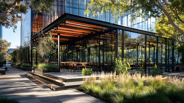 Modern Glass Structure with Shaded Outdoor Terraces and Lush Greenery in Urban Environment