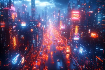 Fototapeta premium Futuristic city highway, night traffic, neon lights, cyberpunk cityscape, background for sci-fi film