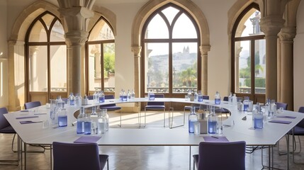 A professional workshop setting with tables arranged for group strategic decision making  The space is equipped with necessary equipment and supplies to facilitate effective team meetings