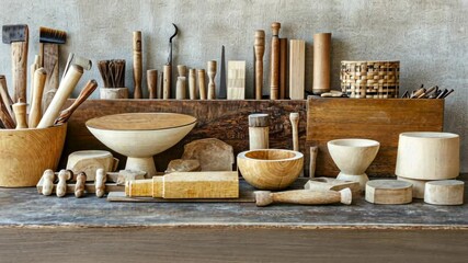 Various wooden tools and handcrafted items displayed on a workshop table in a creative space