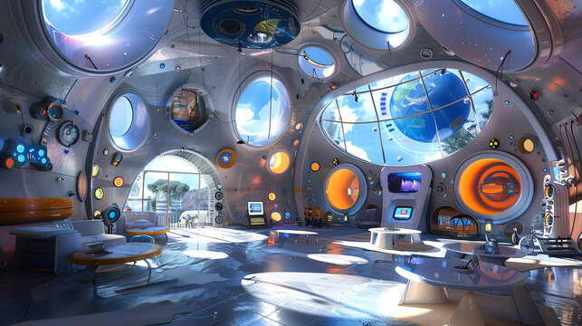 Bring the future to life with quirky humor in a panoramic view! Show futuristic technologies with a comedic twist Think unexpected camera angles to capture the hilarity and innovation