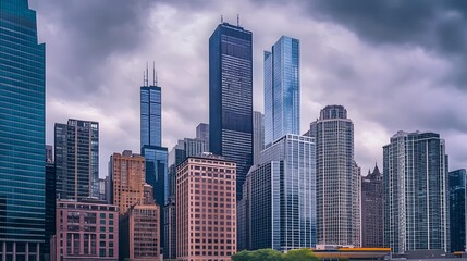 Fototapeta premium Dynamic Composition of Multiple High Rise Office Buildings Against Dramatic Cloudy Sky