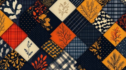 Fototapeta premium Autumnal patchwork textile design with various floral and geometric patterns.