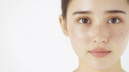 Close-up Portrait of a Young Woman with Freckles: A candid close-up portrait of a young woman with freckles, her eyes captivatingly focused on the camera, showcasing a natural beauty.