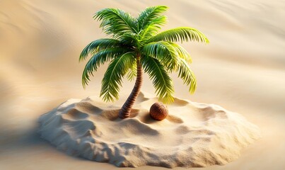 Lone palm tree on desert island, sunrise, tranquility, travel brochure