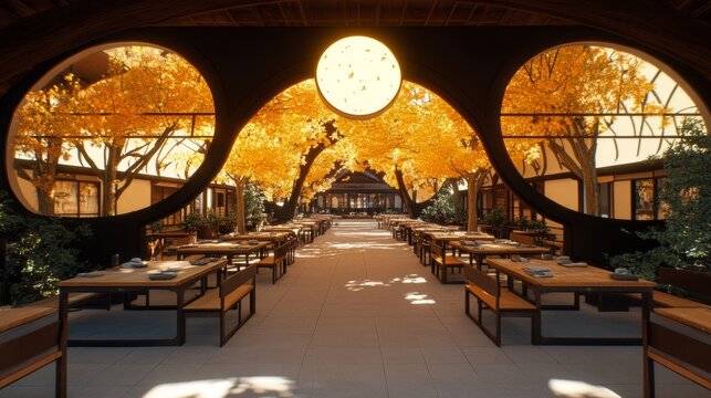 A serene outdoor dining area bathed in the warm hues of autumn. Tables are set under golden leaves, creating a magical ambiance.