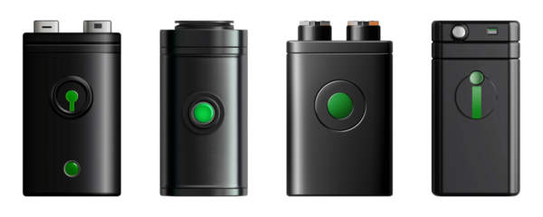 battery icon with green charge bar and black casing, isolated on transparent background, cut out
