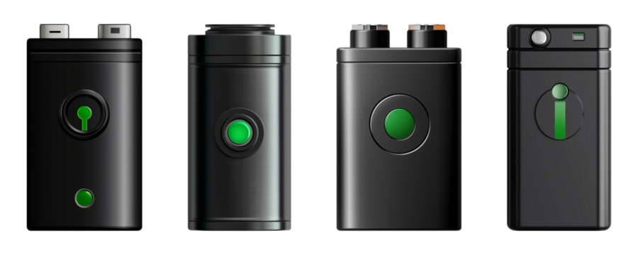 battery icon with green charge bar and black casing, isolated on transparent background, cut out
