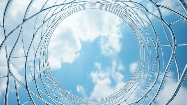Glass Ceiling, Blue Skies: Looking up from within a modern, circular building, we see a captivating interplay of glass, steel, and sky. The sun peeks through clouds.
