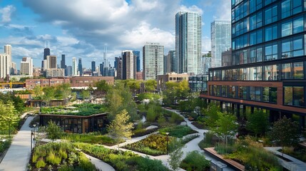 Naklejka premium Vibrant Urban Office Landscape with Community Green Spaces in a Dynamic City Environment