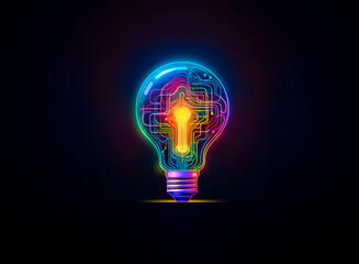 A vibrant, multicolored light bulb glows against a dark background.  Its interior reveals intricate circuitry, a keyhole-shaped core emitting a warm light.  The image symbolizes innovation and technol