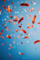 Vibrant confetti falling against a soft blue backdrop creates a festive and celebratory mood