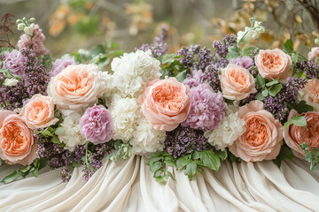 A close-up of an elegant wedding arch adorned with pastel flowers and soft fabric, creating a romantic and dreamy atmosphere.