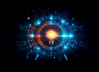 Obraz premium A glowing lightbulb at the center of a futuristic, circular technological interface. Surrounding it are vibrant blue and orange energy bursts, radiating outward into the dark background. It symboliz