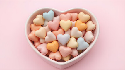 colorful candies in heart shape bowl for Valentine day .Heart made of little colorful candy hearts isolated on pink background.

