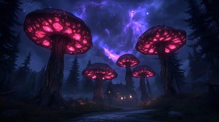 Naklejka premium Enchanted forest at night with glowing, bioluminescent mushrooms illuminating a mysterious path.