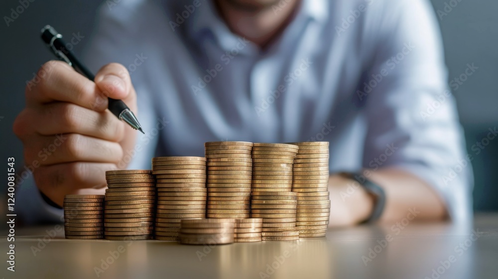 Poster a person arranges stacks of coins on a table while holding a pen, illustrating themes of finance and