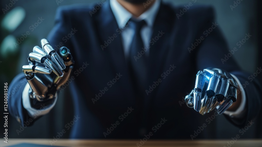 Aufkleber a businessman with robotic hands presents a futuristic blend of technology and professionalism, emph