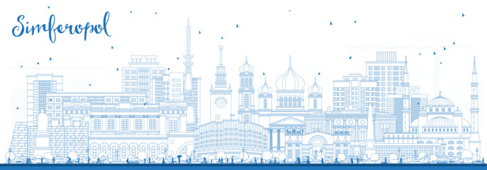 Outline Simferopol Crimea city skyline with blue buildings. Simferopol cityscape with landmarks. Travel and tourism concept with modern and historic architecture.