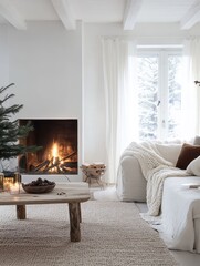 Fototapeta premium Cozy Winter Living Room Fireplace Scene With Natural Decor