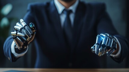 A businessman with robotic hands presents a futuristic blend of technology and professionalism, emphasizing innovation and modernity in the workplace.