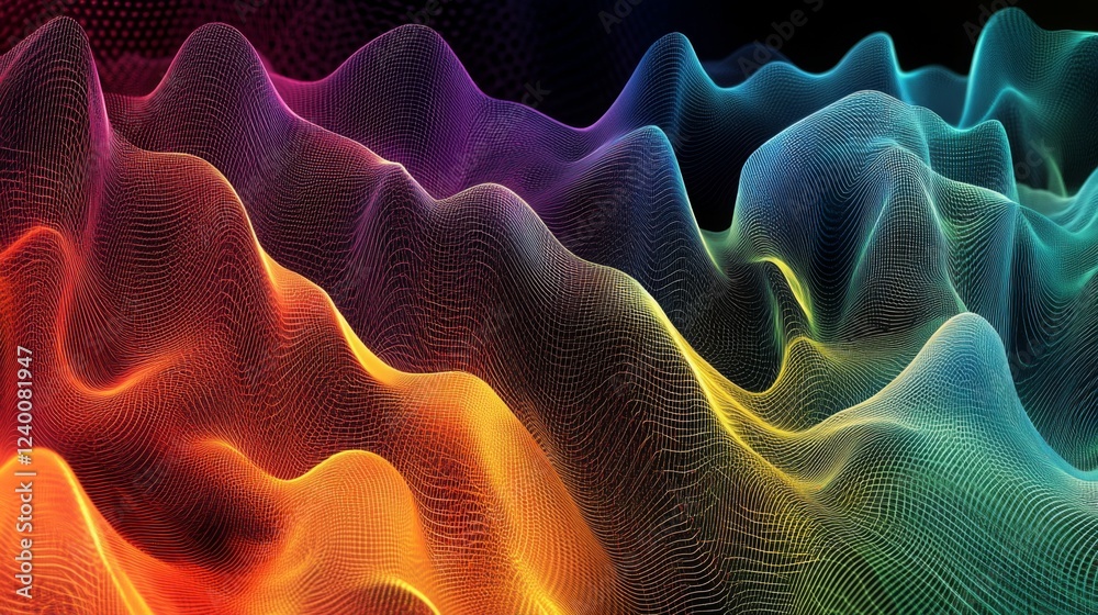Leinwandbilder A vibrant, abstract wave pattern in a spectrum of colors, creating a dynamic and energetic visual effect against a dark background.