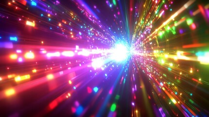 Fototapeta premium A vibrant explosion of colorful lights and beams, creating a mesmerizing visual effect that conveys movement and energy.