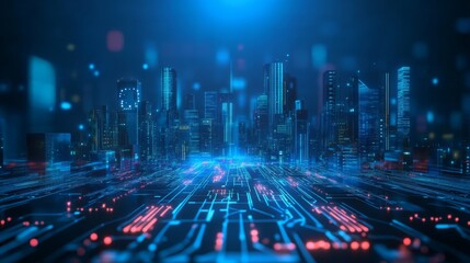 Fototapeta premium A futuristic digital city skyline with glowing lights and intricate network patterns, creating a tech-inspired atmosphere.