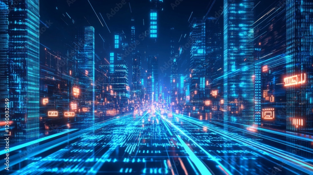 Aufkleber A futuristic cityscape filled with glowing skyscrapers and digital elements, creating a vibrant atmosphere of technological advancement.