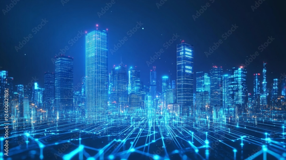Poster a futuristic city skyline illuminated in blue, showcasing tall buildings interconnected with glowing