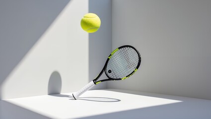 Tennis racket and ball on court. Sports. Tennis. A close-up, angled shot of a Wilson Ultra Tour V2 tennis racket