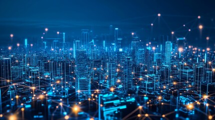 A futuristic city skyline illuminated with blue lights, showcasing a network of interconnected buildings and digital connections.