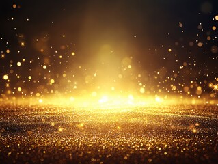 Golden glitter surface with bokeh lights creating a festive and luxurious abstract background