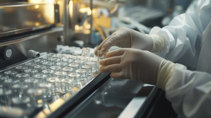 A lab technician in gloves handles vials in a sterile environment, showcasing the precision of scientific research and development.