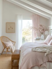 Serene Pink Bedroom with Wicker Chair and Blossoms