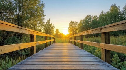 Obraz premium Sunset Bridge: A Serene Landscape Photography - Peaceful Nature Scene, Golden Hour, Tranquil Pathway, Summer, Journey, Hope