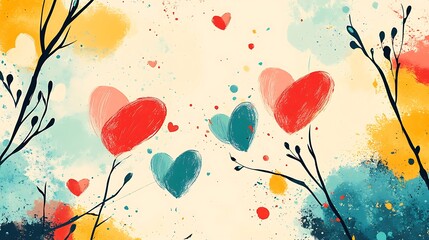 Colorful abstract painting with red and blue hearts, surrounded by branches and splashes of vibrant colors on a light background