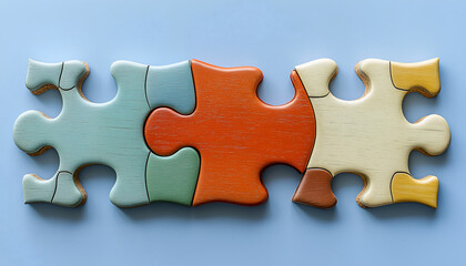 Obraz premium A close-up of four interlocking jigsaw puzzle pieces in various colors, showcasing a smooth texture against a light blue background.