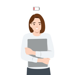 Low Battery, Exhausted Woman. Tired looking woman holding a laptop with low battery icon. Flat vector illustration isolated on white background