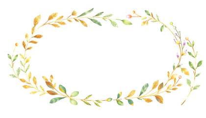 Watercolor Gold glitter arrangements with leaves, herbs. Herbal illustration. Botanic composition for wedding, greeting card. Watercolor wreathes and frames, simple style. isolated with white shades