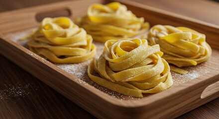A wooden tray with freshly made pasta being dusted with flour.