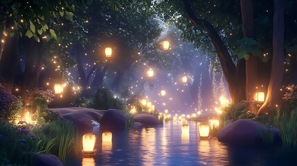 Fototapeta premium Enchanting Stream Lit by Floating Lanterns in a Dreamy Forest at Night
