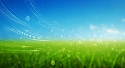 Fototapeta premium Tranquil outdoor setting with lush green grass, a bright blue sky, and a bokeh effect, offering a natural and calming background