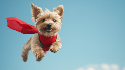 Superhero Yorkshire Terrier: A joyful Yorkshire Terrier takes flight, wearing a vibrant red cape, against a clear blue sky.  The image is full of playful energy and captures a sense of wonder.