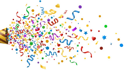Festive confetti explosion from a party popper isolated on white or transparent png background