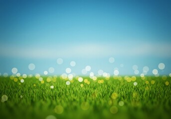 Vibrant green grass with a clear blue sky and bokeh circles, providing a fresh and natural background.