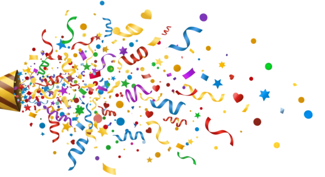 Festive confetti explosion from a party popper isolated on white or transparent png background