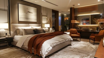 Elegant modern bedroom with luxurious furniture and decor. The room is filled with calm and cozy ambiance.